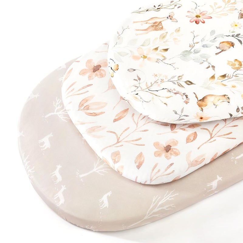 GRSSDER Stretchy Ultra Soft Fitted Bassinet Sheets 3 Pack, Universal Fit for Baby Cradle Moses Basket Oval Rectangle Mattress Safe and Snug, Beautiful Blush Pink Floral Bassinet Sheet for Girls - Image 2